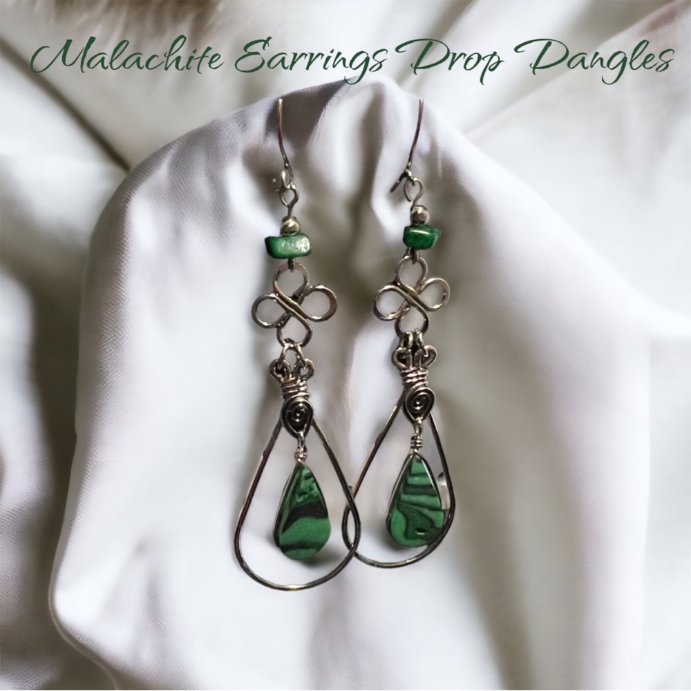 Beautiful 🥰💫 Natural Malachite Drop Dangle Sterling Earrings